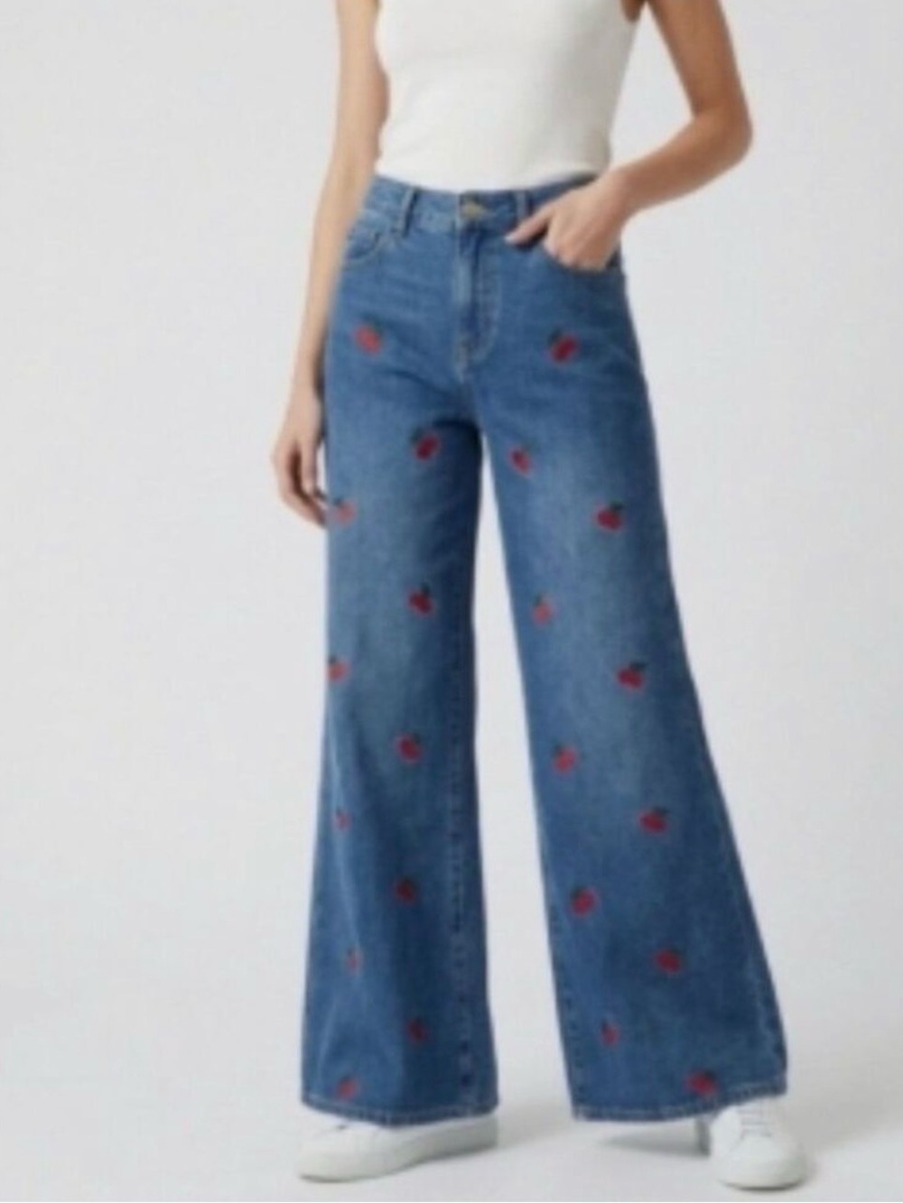 Ashley Mason Blue Wide-Leg Jeans with Red Cherry Embroidery